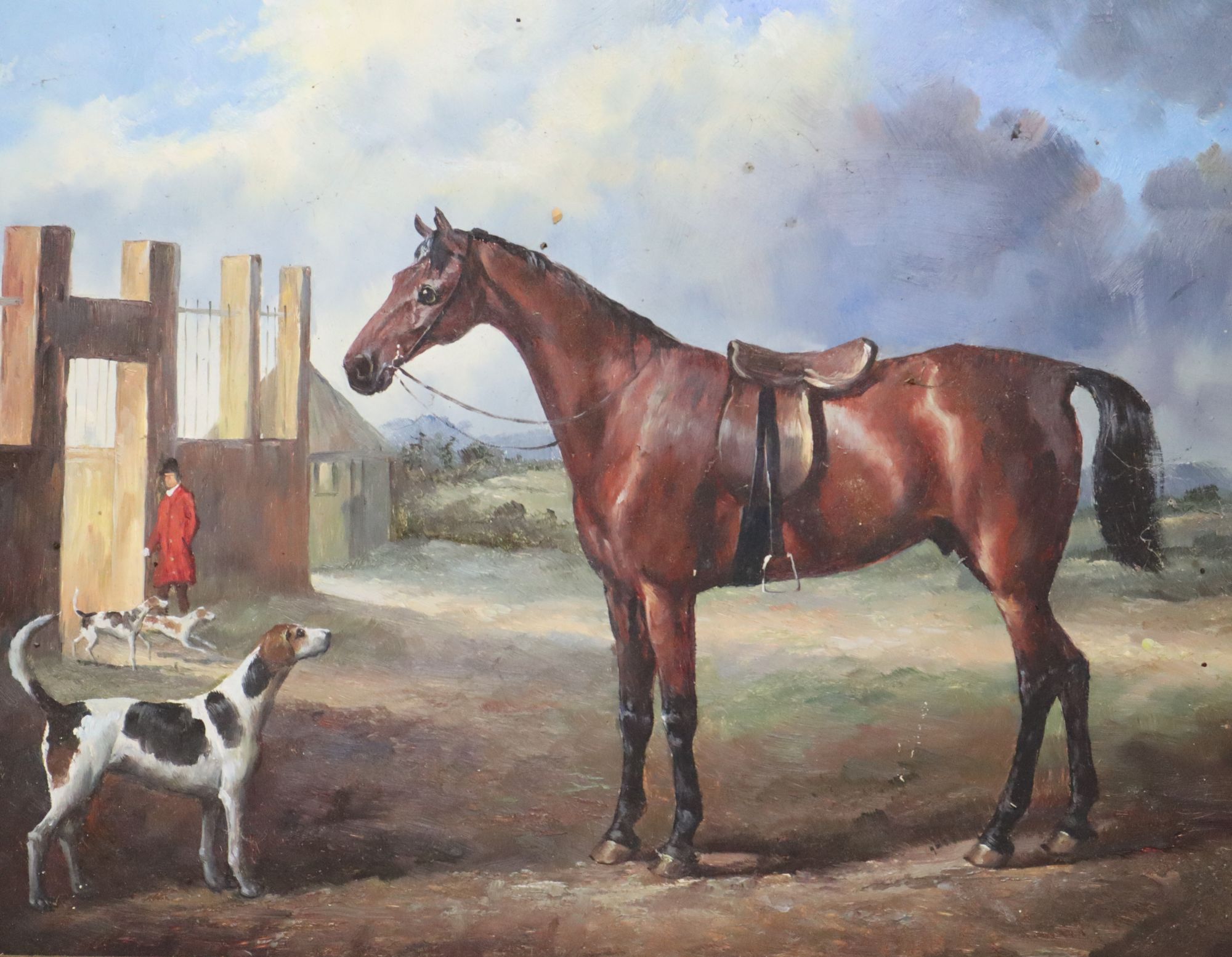 A modern oil on board, Horse and hounds near a stables, 19 x 24cm